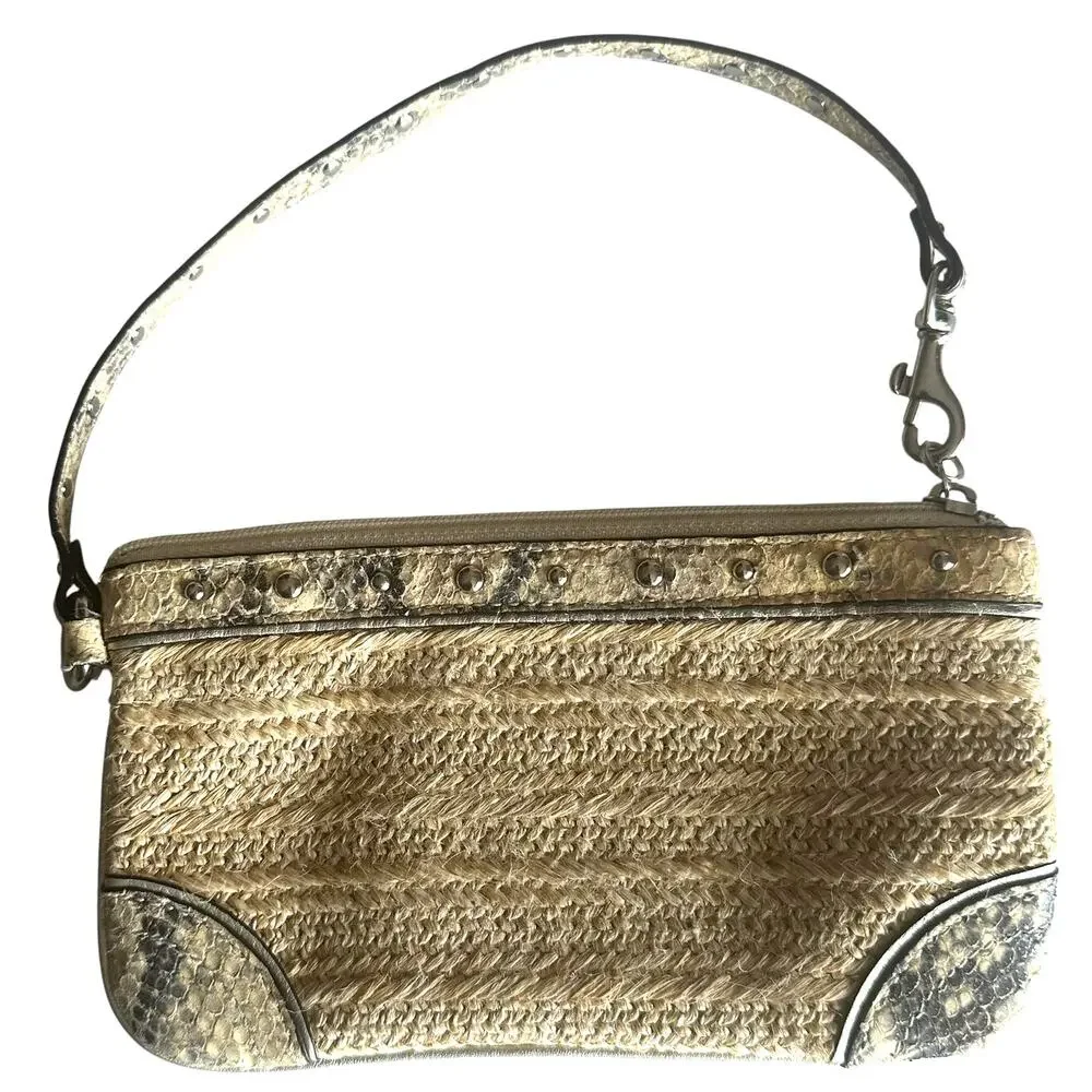 Coach Vintage Rattan Wristlet Studded Python Trim Rare Boho Statement Wallet